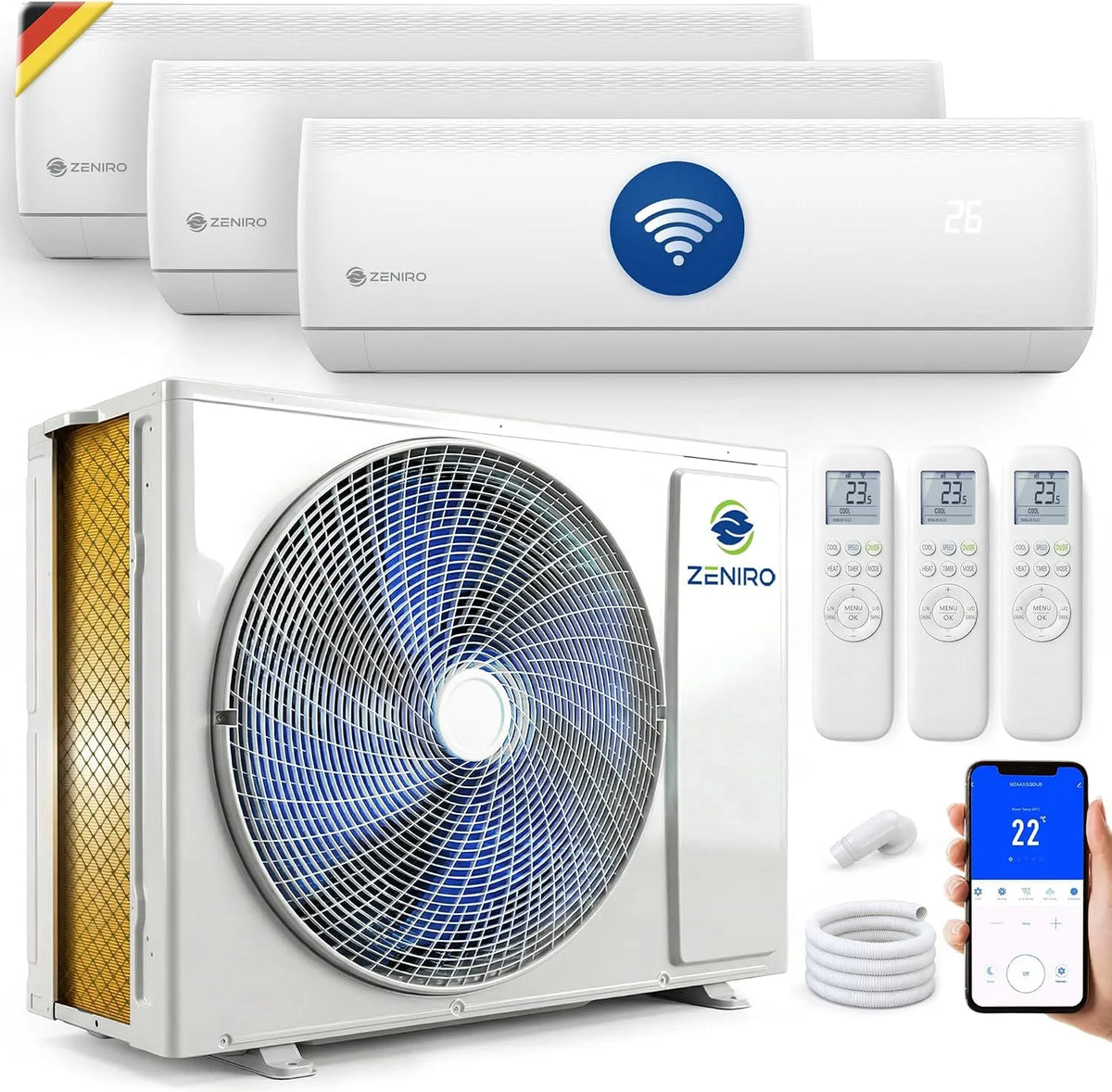 Klimaanlage Multi Split, 3 Innengeräte Set, Klimagerät Air Conditioner mit Heizfunktion 21000 BTU 6,2kW A++ WiFi, 3 x 2,6kW, Modell R32
