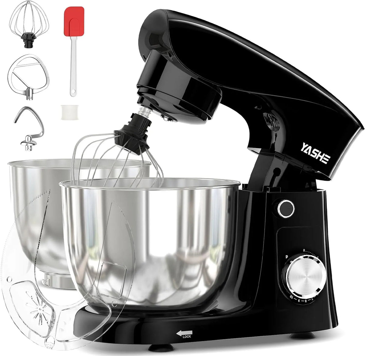 Küchenmaschine 10+P YASHE, Leistung 1500W, 4,5 + 5L Edelstahlschüsseln, Geschwindigkeiten, Kippkopf, mit Knethaken, Rührbesen und Schneebesen
