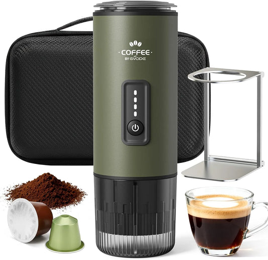 Kaffeemaschine GVODE tragbar, 20 Bar Selbsterhitzend Mini für Camping, NS, Auto & Reise, Grün, 3-in-1 Mobile Espressomaschine, akkubetrieben