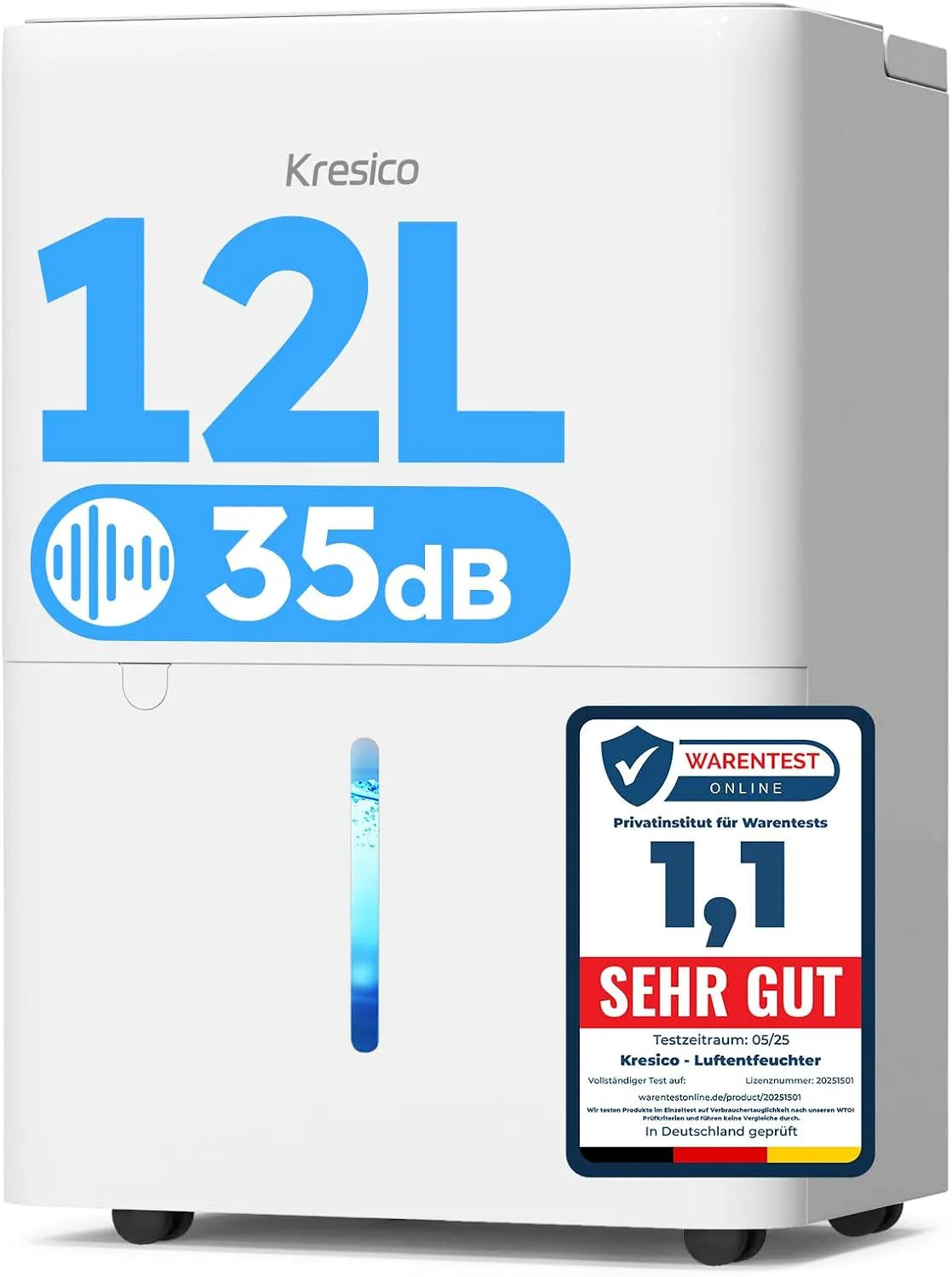 Luftentfeuchter 122m³/25m, elektrisch 12L, 12L/24h, Entfeuchter elektrisch 35dB, Raumentfeuchter für Räume ca. 122m³, 25m², Fassungsvermögen 12L