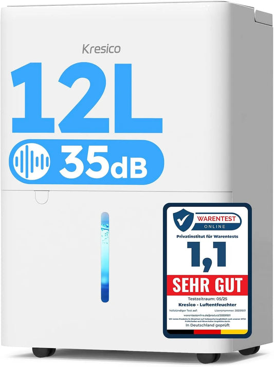 Luftentfeuchter 122m³/25m, elektrisch 12L, 12L/24h, Entfeuchter elektrisch 35dB, Raumentfeuchter für Räume ca. 122m³, 25m², Fassungsvermögen 12L