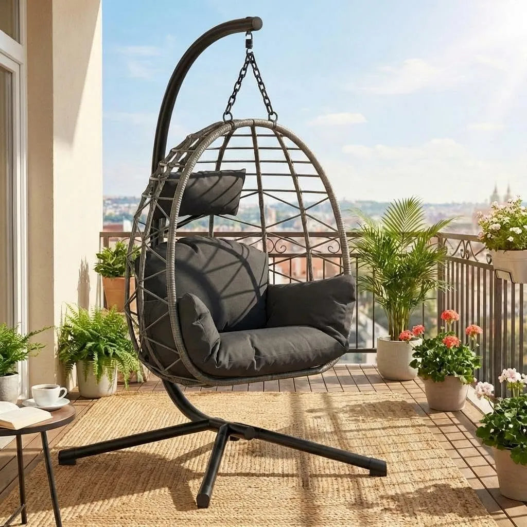 Aus Rattan mit Metallgestell Garvee Hängesessel, bis 150 kg belastbar, klappbar, wetterfest, inklusive. schwarzer Abdeckung, Balkon, Terrasse