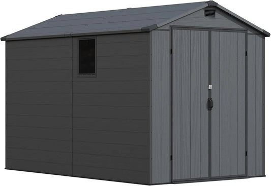 Gartenhaus, Maße 1,8 x 3 m, aus Kunststoff, abschließbar, Doppeltüren und Spitzdach, Werkzeugschuppen, Fahrradunterstand, Mülltonne, Dunkelgrau
