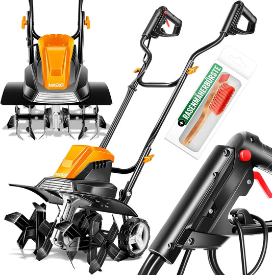 Motorhacke, MASKO elektrisch, Elektro Hacke, Transporträder & Zubehör, Gartenfräse 1500 Watt 40cm Breite 20cm Tiefe, Ackerfräse Kultivator, orange