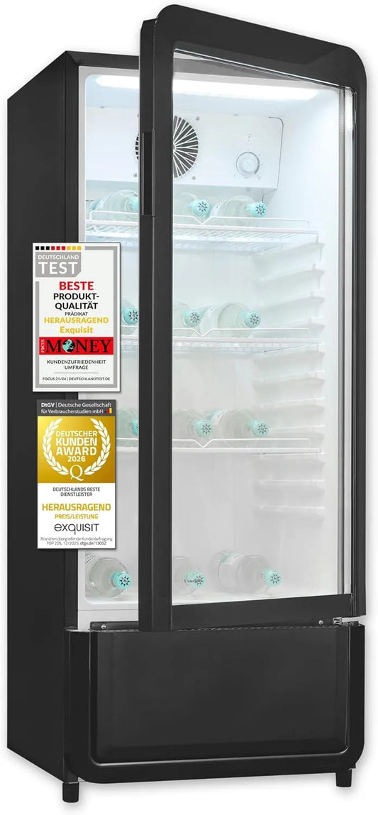 Exquisit Kühlschrank GKS5180-GT-431D, Fassungsvermögen 200l Getränkekühlschrank mit LED, 3 verstellbare Ablagen, Glastürkühlschrank, Umluft, CoolPro