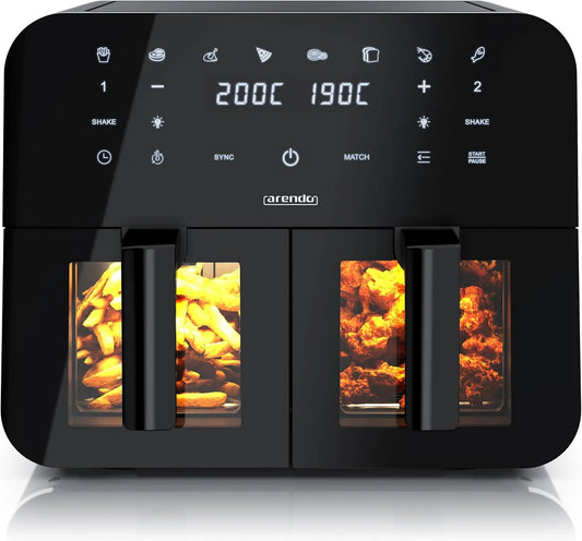 Heißluftfritteuse, Dual Zone 9L, mit 2 Kamern, XXL Kapazität 2 Fächer, 3D Umluftsystem, Arendo, Sichtfenster Beleuchtung, Airfryer, Touchscreen