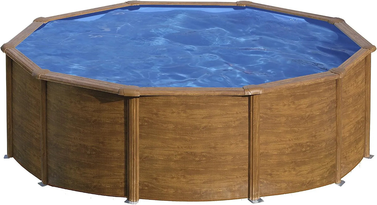 Pool KITPR453W Gre, mit Holzoptik. Abnehmbare Gartenpool. 460 x 120 cm, Sicilia, Aufstellpool aus Stahl, rund