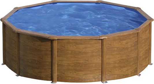 Pool KITPR453W Gre, mit Holzoptik. Abnehmbare Gartenpool. 460 x 120 cm, Sicilia, Aufstellpool aus Stahl, rund