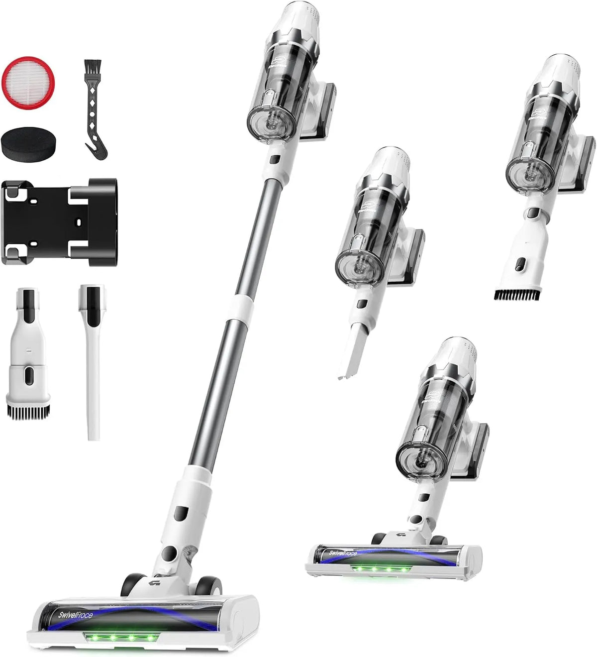 Staubsauger 7-Schicht-Filtration ElecKeys Akku, 48000Pa, Leistung 580W, 65Min Kabellos mit LED Display, Selbststehend, Anti-Tangle-Bürste, Weiß