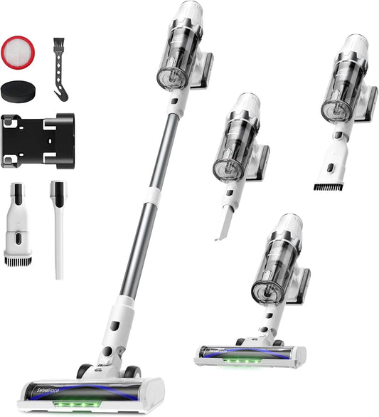 Staubsauger 7-Schicht-Filtration ElecKeys Akku, 48000Pa, Leistung 580W, 65Min Kabellos mit LED Display, Selbststehend, Anti-Tangle-Bürste, Weiß