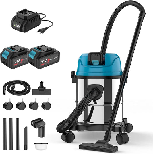 Makita Nass-/Trockensauger, 3000mah Akku*2, Nass für 18V Batterie, Fassungsvermögen 15 l Edelstahlbehälter, Patronenfilter, für Zuhause und Fabrik