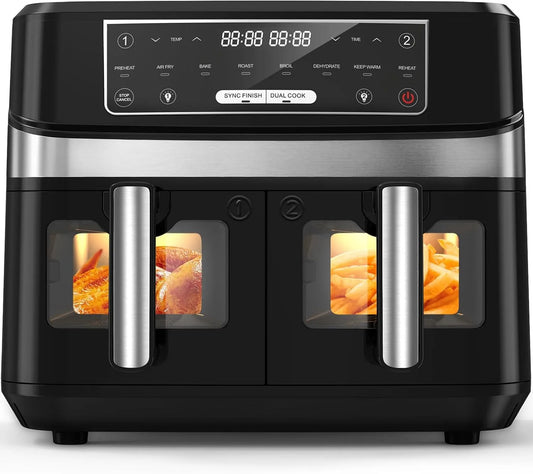 Heißluftfritteuse, 2 Kammern mit Sichtfenster, Smart und Timer-Funktion, 10L XXL Kapazität Doppel-Airfryer, 8-in-1 Kochvorgaben, Touchscreen