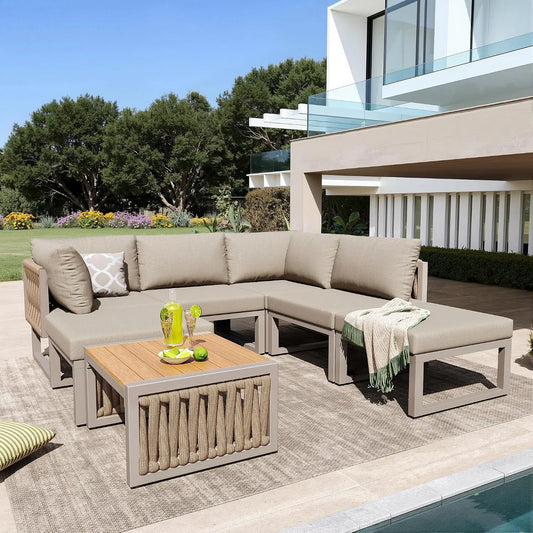 Sofa, Gartensofa Set für bis zu 6 Personen, Outdoor mit Verstellbarer Rückenlehnenwinkel, Polstern, Modulare Gartenlounge Set, für Balkon Terrasse
