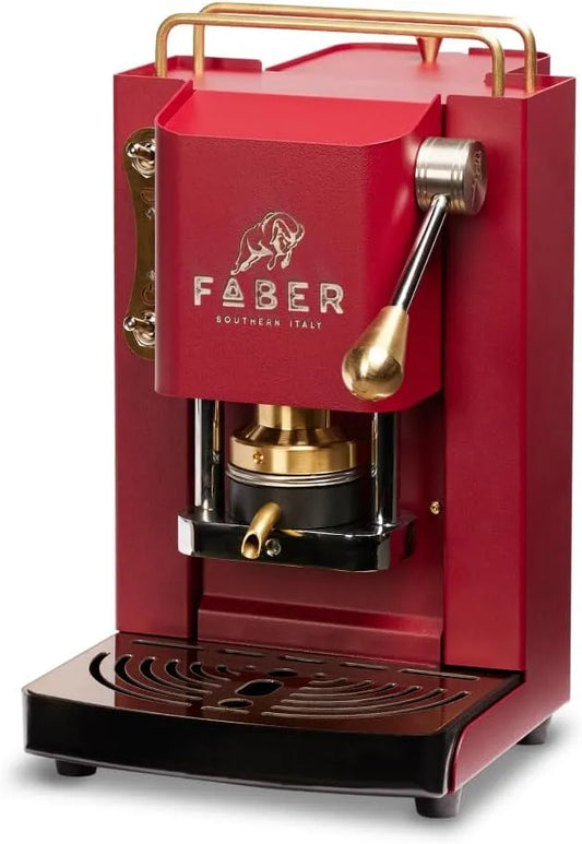Faber COFFEE MACHINES, Modell Pro Mini Deluxe, Kaffeepadmaschine für 44 mm ESE-Pads, CHERRY RED, Einstellbare Padpresse aus Messing