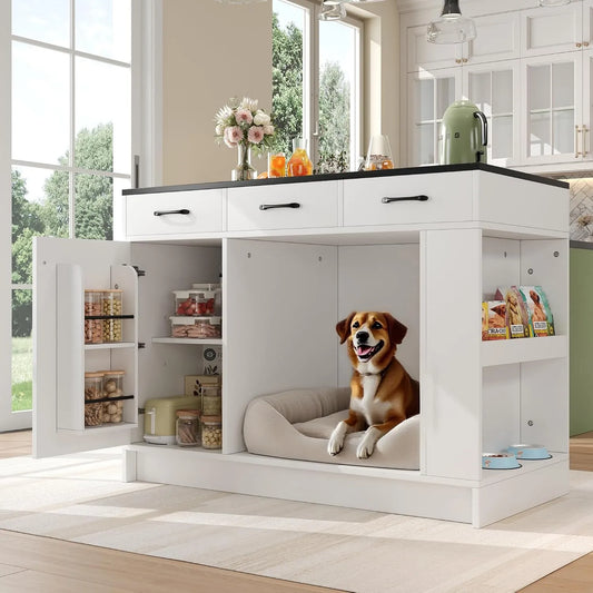 Mit Schublade und Gewürzregal Soweiz Kücheninsel, Küchenschrank mit Haustierbereich, Maße 120x60x90 cm, Weiß, Küchenwagen mit Haustierruhebereich