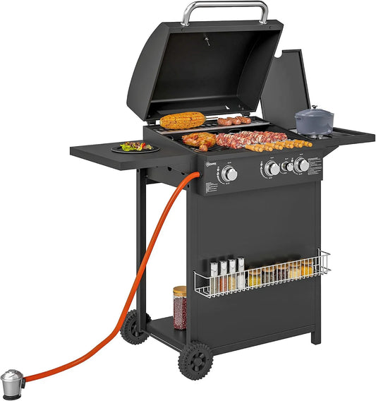 Outsunny Gasgrill, Leistung 9,5 KW Grillwagen inklusive 4 Brenner Seitenkocher Druckminderer Gasschlauch Rolle, BBQ Gartengrill