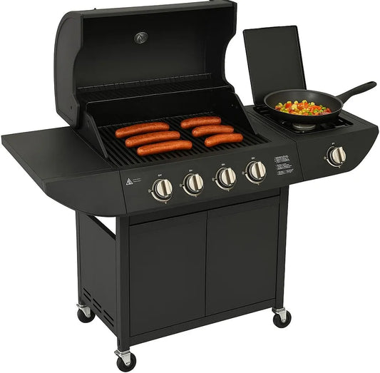 Grill, Lagerfeuer Original Barbecue BBQ 5 Gasbrenner 4+1 Gartengrill, Stahl Warmhalterost, Seitenbrenner, Räder, Beweglich