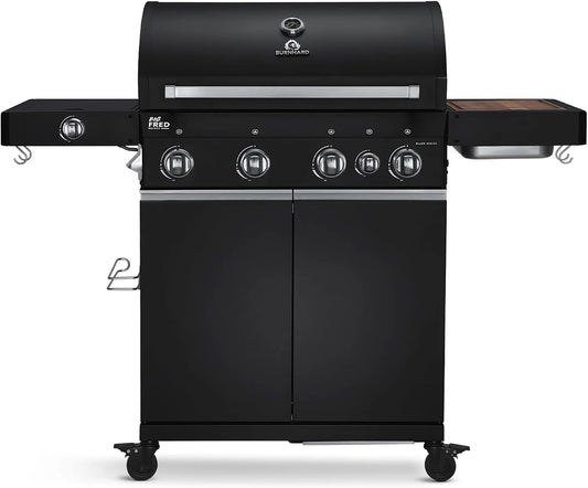 Gasgrill BURNHARD, 900°C Infrarot-Keramikbrenner, Edelstahl-Grillrost, Grillwagen, Big FRED Deluxe, 4-Brenner inklusive. BACKBURNER, Seitenkochfeld