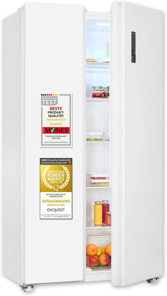 Exquisit Kühl-Gefrierkombination SBS546-040E, Fassungsvermögen 442 Liter, Side-by-Side, LED-Display, weiss, 91 cm Breite, 10 Ablagen, No-Frost
