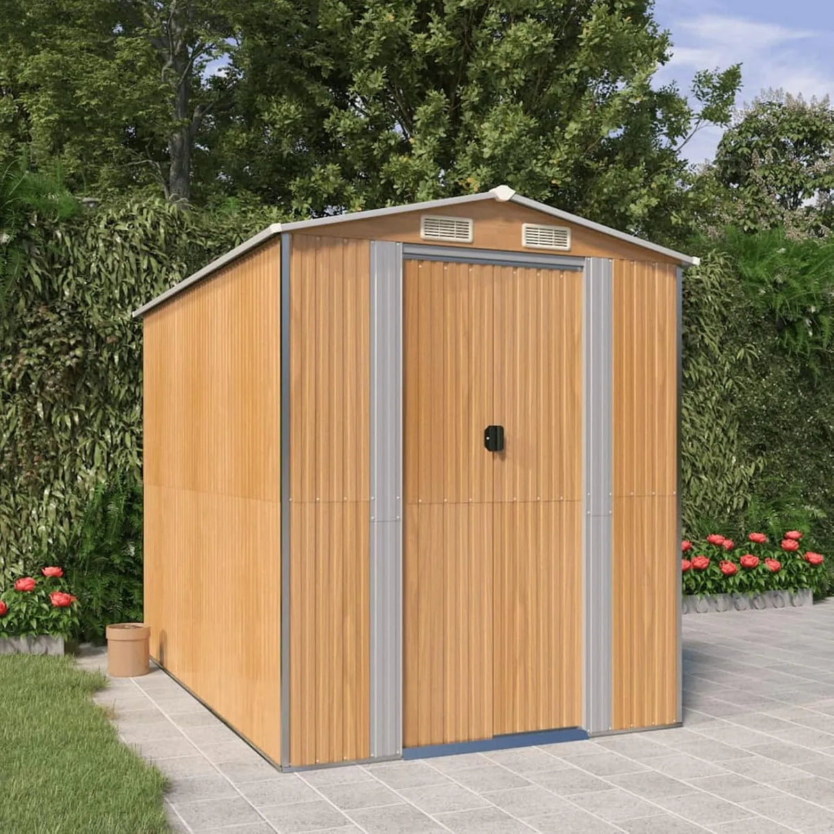 Geräteschuppen, Hellbraun 192x274x223 cm Verzinkter Stahl, Fahrrad Unterstand, Gerätehaus, Fahrradgarage, Gartenhütte, Gartenhäuschen