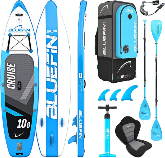 Stand Up Paddle Set Bluefin Cruise, 5 Year Warranty, Inflatable Paddleboard for Adults, SUP Package with Backpack, Fiberglass Paddle, and Pump
