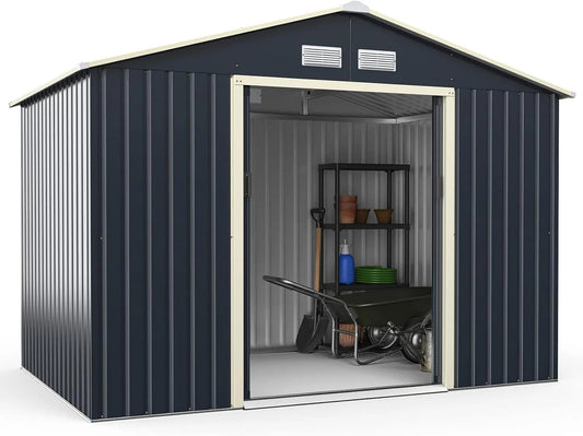 Costway Gerätehaus, Maße 277x191x202 cm, Garten Schuppen für Rasenmäher Fahrräder, Gartenhaus mit 4 Luftschlitzen & Schiebetür, Metall