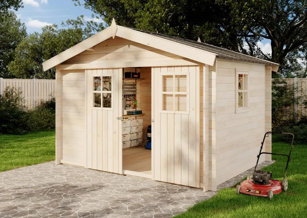Gartenhaus, Gerätehaus mit 19 mm Wandstärke, EVERE aus Fichten-Holz, Geräteschuppen 330 x 270cm mit Satteldach, Metalldach