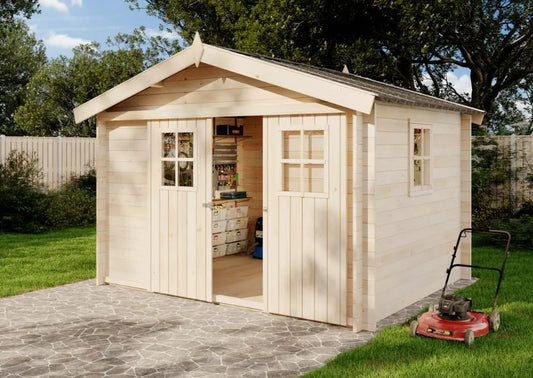 Gartenhaus, Gerätehaus mit 19 mm Wandstärke, EVERE aus Fichten-Holz, Geräteschuppen 330 x 270cm mit Satteldach, Metalldach