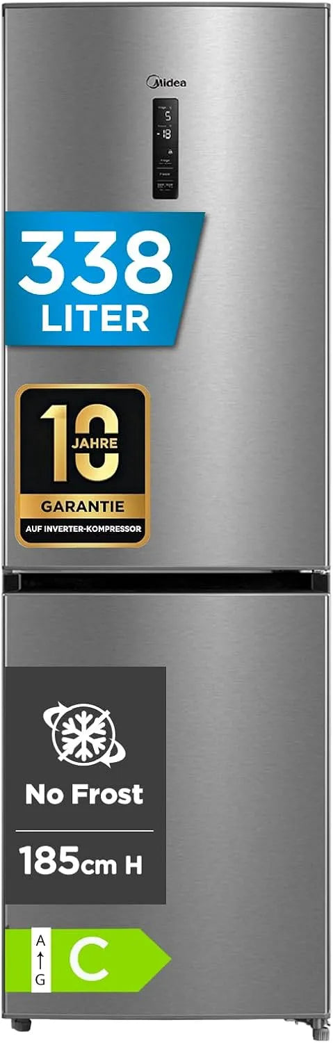 Midea Modell Frost, 185 cm hoch MERB345MGC02, 59,5 cm breit, 70 cm tiefe, Fassungsvermögen 216 L Kühlteil, Fassungsvermögen 122 L Gefrierteil, Jahr