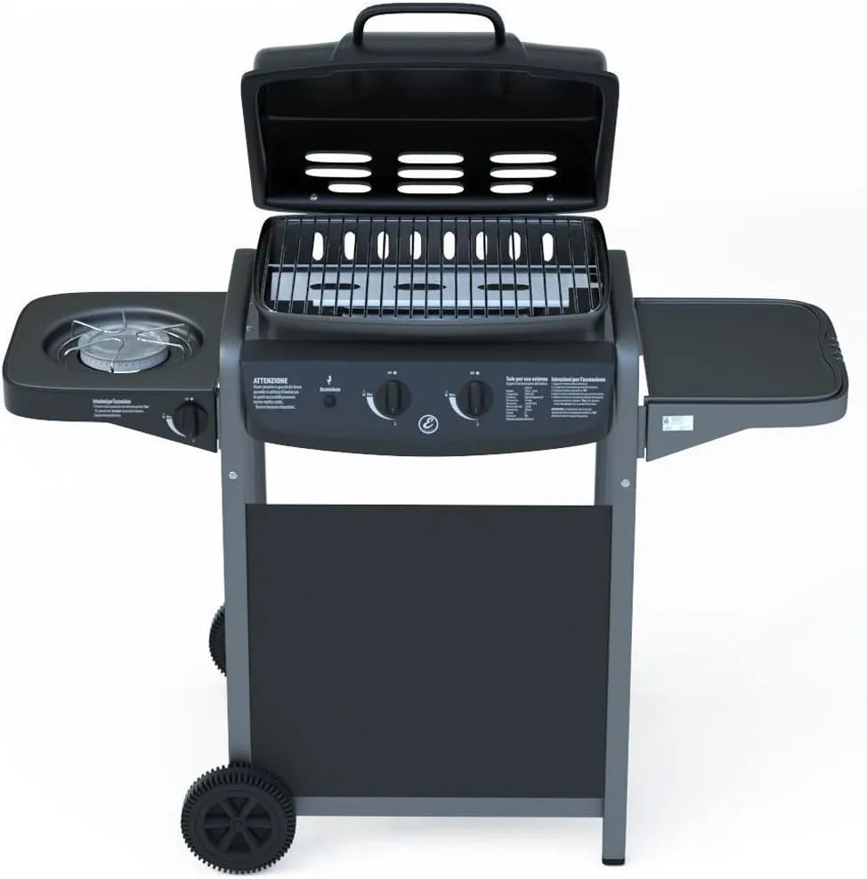 Gasgrill BBQ, Maße 112 x 52.5 x 96.5 cm, mit Thermometer, Seitenbrenner, für Garten, Picnic und Terrazzo, Stahl in Schwarz lackiert und ABS