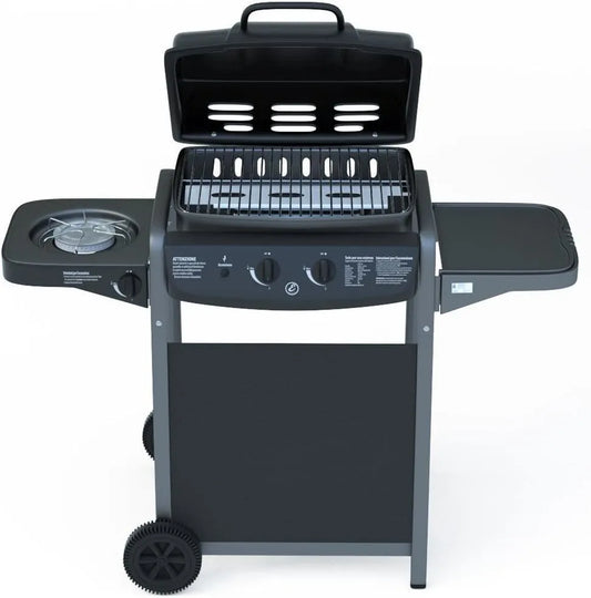 Gasgrill BBQ, Maße 112 x 52.5 x 96.5 cm, mit Thermometer, Seitenbrenner, für Garten, Picnic und Terrazzo, Stahl in Schwarz lackiert und ABS