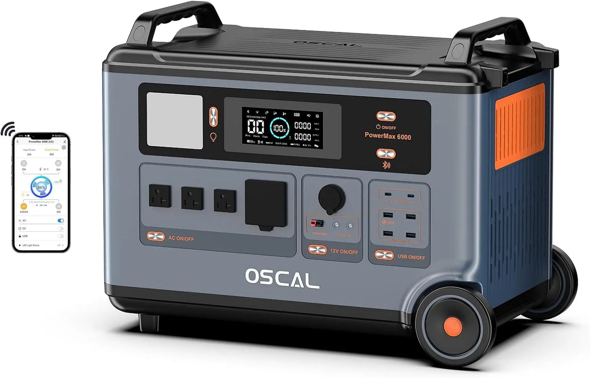 Stromgenerator 96h, Leistung 9000W Spitze, OSCAL PowerMax 6000 Solar, Leistung 6000W AC-Steckdosen, erweiterbar auf 57,6 kWh, Leistung 2400W