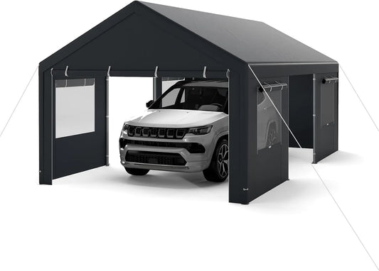 Carport GYMAX extra großes, Zeltgarage, abnehmbaren Seitenwänden &Türen, wetterfeste Autogarage für Auto, Dunkelgrau, Maße 3.6 x 6 m, SUV