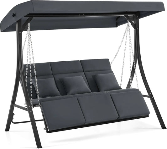 Hollywoodschaukel mit Liegefunktion 8018 M MCombo, 123 * 194 * 169 cm, Gartenschaukel 3 Sitzer Wetterfest, Verstellbarem Dach, Dunkgelgrau