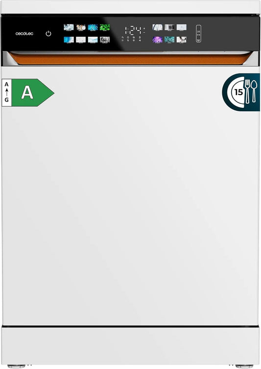 Cecotec Geschirrspüler, 60 cm Bolero Aguazero 6900. 15 Maßgedecke, 8 Betriebsprogramme, Energieeffizienzklasse A, XXL-Farbdisplay, Zwei-Zonen-Spülung