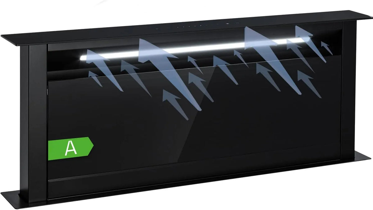 Klarstein Dunstabzugshaube, Downdraft 90cm, in Schwarz 90 cm, 682m³/h, 8 Modi Abzug Leise mit LED-Licht und Timer, Versenkbare Abluft, h Luftstrom