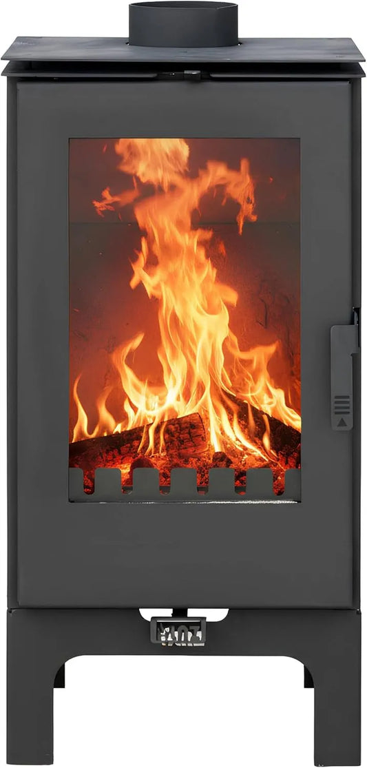 Kaminofen K8M-L ALAZ, Für Holzscheite bis 50 cm, großes Sichtfenster & Aschefach, Holzofen in Schwarz, Leistung 6 kW, Brennraum mit Schamott