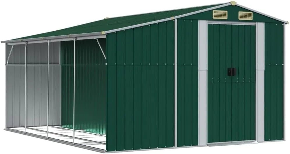 VidaXL Gerätehaus, Grün 277x365,5x179 cm Verzinkter Stahl, Gartenhaus mit Schrägdach Griffe, Gartenschuppen Schuppen mit Stauraum