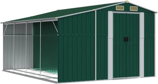VidaXL Gerätehaus, Grün 277x365,5x179 cm Verzinkter Stahl, Gartenhaus mit Schrägdach Griffe, Gartenschuppen Schuppen mit Stauraum