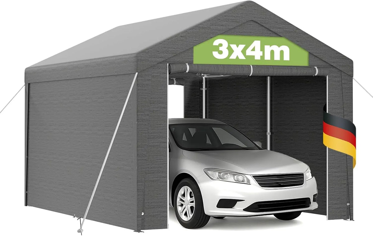 Carport Pavillon, wasserdicht, Metallrahmen, Dachverstärkung, abnehmbare Seitenwände, Farbe Grau, 3x4m mit robuster PE Plane, UV-beständig