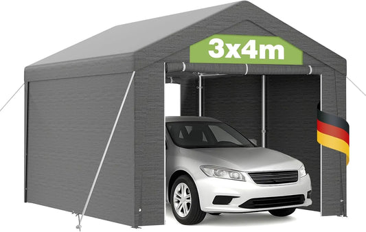 Carport Pavillon, wasserdicht, Metallrahmen, Dachverstärkung, abnehmbare Seitenwände, Farbe Grau, 3x4m mit robuster PE Plane, UV-beständig