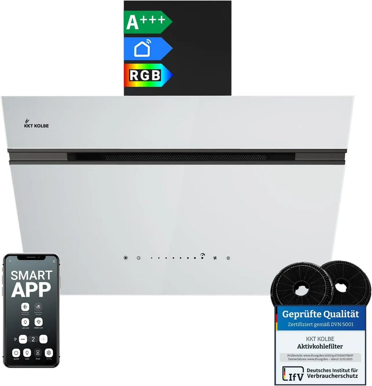 Dunstabzugshaube AURORA6005SW KKT KOLBE A+++, Smart WiFi App WLAN, Nachlaufautomatik, RGBW LED-Beleuchtung, 60 cm 782 cbm, SensorTouch