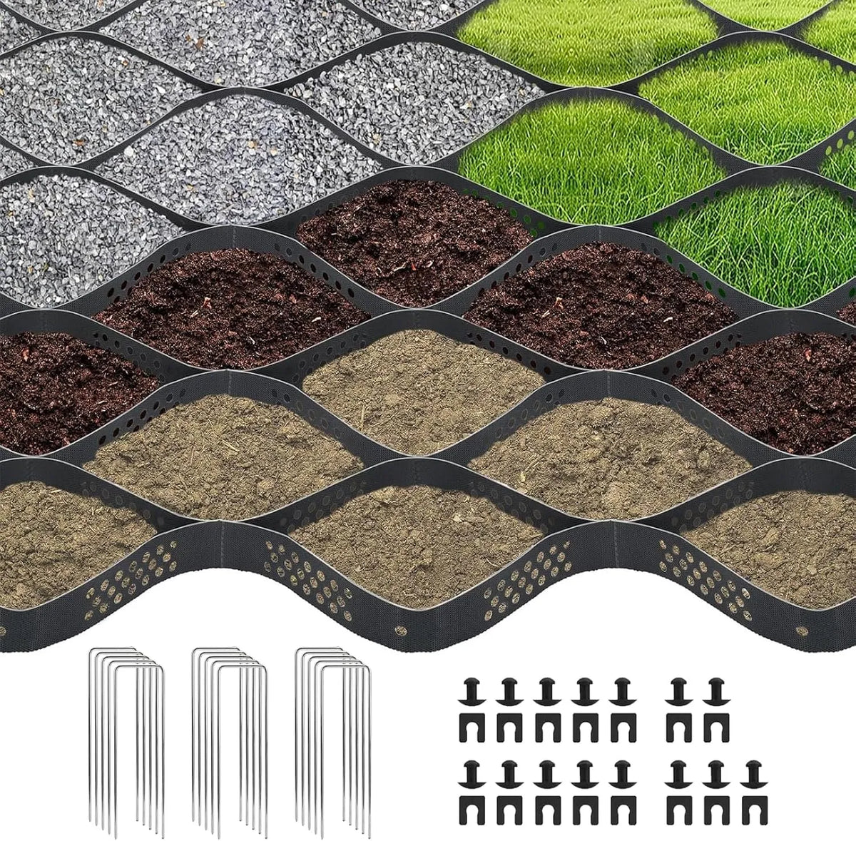 10 x Geogitter, 5 cm Höhe Rasengitter zur Bodenstabilisierung, Maße 10x3m, Kiesgitter aus HDPE, Rasenwaben, Kies-Bodengitter, Kies-Haltegitter