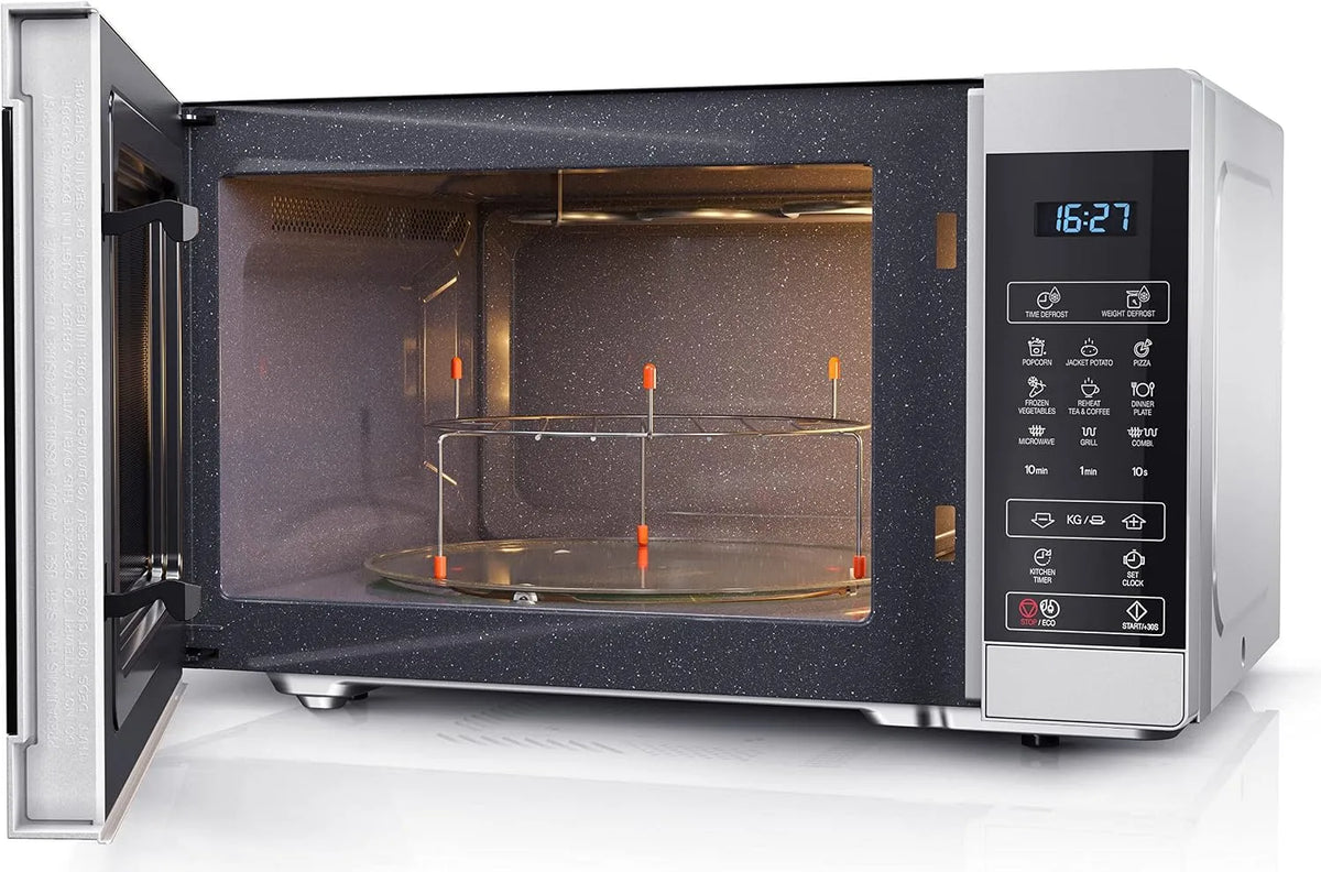 Sharp Mikrowelle YC-MG81EW, Leistung 900 W, Fassungsvermögen 11 Leistungsstufen, digitale Steuerung, Kindersicherung, mit Grill 28 Liter, ECO-Funktion