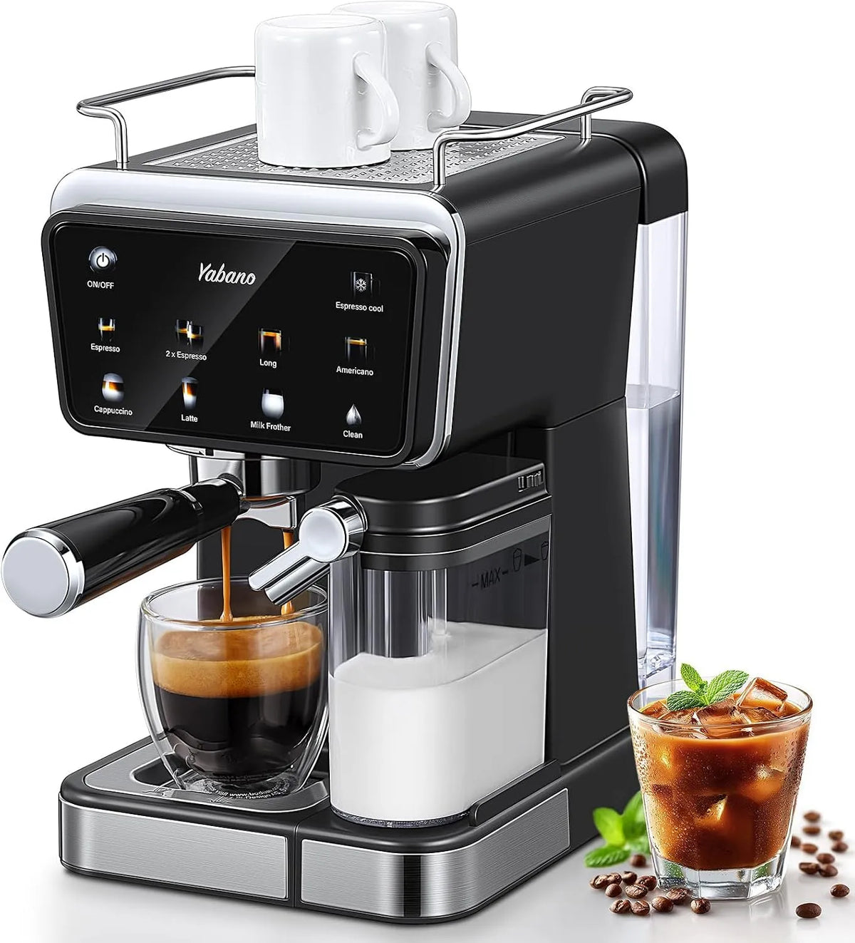 Espressomaschine Yabano, Cappuccino & Latte Kaffeemaschine, Fassungsvermögen 1.5L Wassertank, Modernes Farb-Touchscreen-Display, 6 Getränke