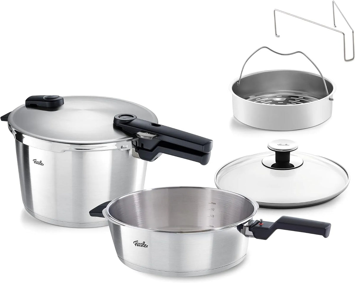 Fissler Vitaquick, Ø 26 cm, Schnellkochtopf 8 L + Schnellbratpfanne 4 Liter, Schnellkochtopf-Set 2-teilig, 2-Garstufen, m. Einsatz, Zusatz-Glasdeckel