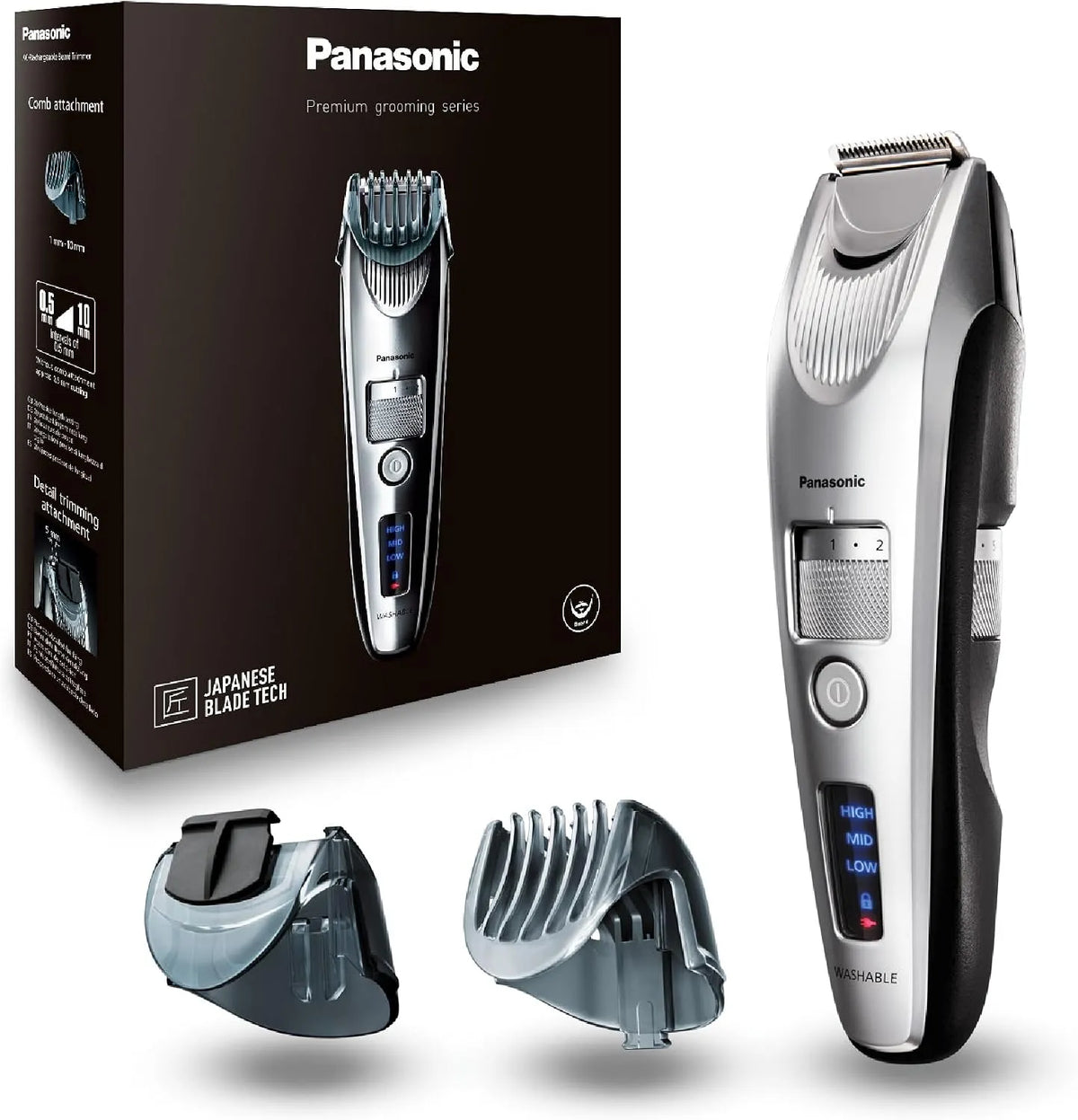 Panasonic Modell, Fassungsvermögen 20 Längen ER-SB60-S803, 2 Aufsätze, tragbar, Präzisions-Trimmer, Ladestation, Bartschneider für Männer, Silber