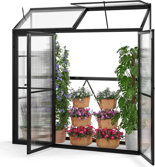Costway Gewächshaus, Maße 180 x 52 x 190 cm, Treibhaus mit Oberlicht & 3 verschließbaren Türen, Anlehngewächshaus Tomaten, Aluminium, in Schwarz