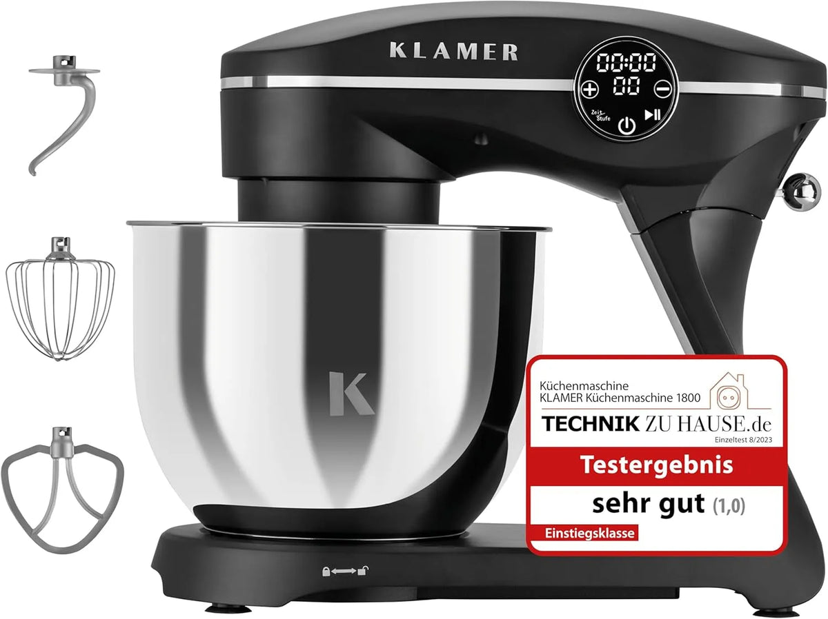 Küchenmaschine KLAMER, Knetmaschine Brotteig mit Edelstahl-Rührschüssel 6 L, Planetenrührwerk, Knethaken, in Schwarz, Leistung 1800W, Rührbesen