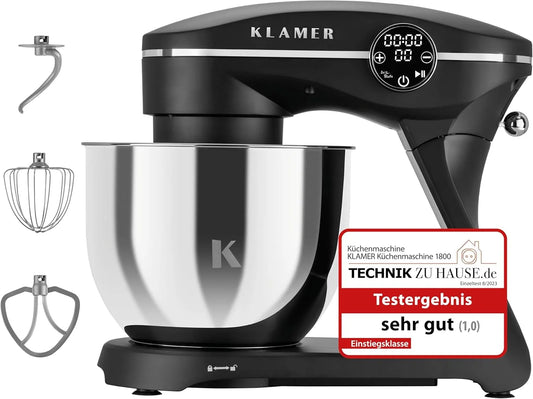 Küchenmaschine KLAMER, Knetmaschine Brotteig mit Edelstahl-Rührschüssel 6 L, Planetenrührwerk, Knethaken, in Schwarz, Leistung 1800W, Rührbesen